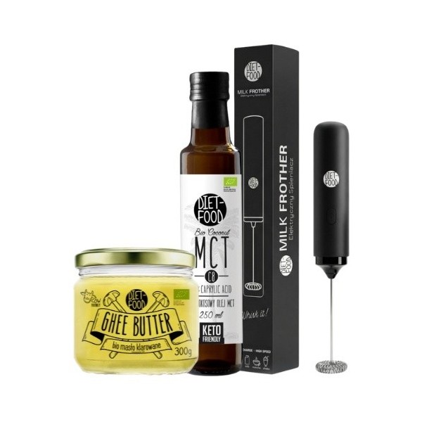Zestaw KAWA KULOODPORNA Masło Ghee 300 g + Olej Kokosowy MCT 250 ml + Elektryczny Spieniacz